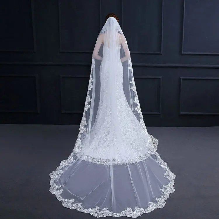 Qushine Wholesale Bridal Long Embroidered Lace Trailing 3m Wedding Veil For Women