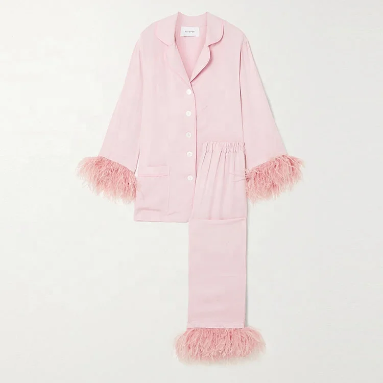 High quality fashion design custom ostrich feather pajamas sets pink feathers pyjama set for women