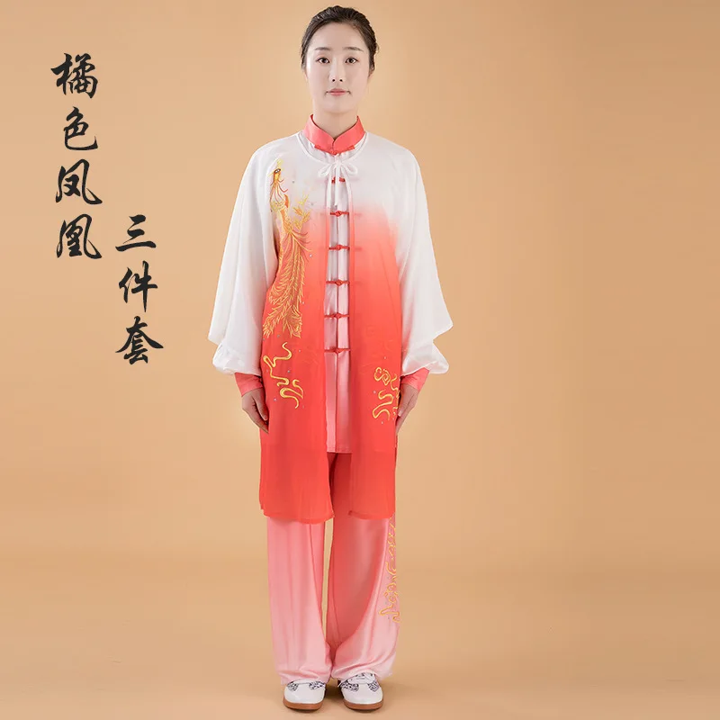 The new spring and autumn style gradient color dragon and phoenix embroidery three-piece martial arts suits and Tai Chi suits