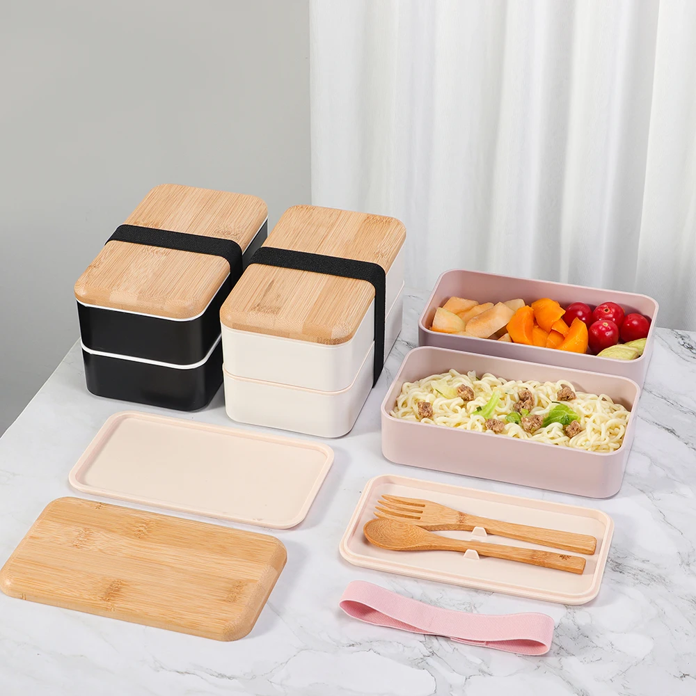Double Layer Wheat Straw Bento Lunch Box With Bamboo Lid