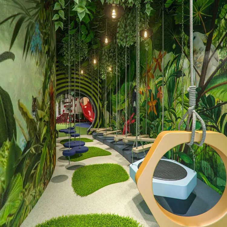 Woods forest theme fun children amusement park party commercial rental kid climbing blocks ninja course wooden indoor playground