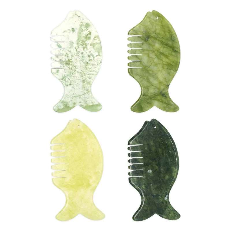 Bulk Custom Logo Natural Stone Comb Head Massager Gua Sha Jade Crystal Comb For Hair Massager Scalp Detox xiuyan Green Jade Comb