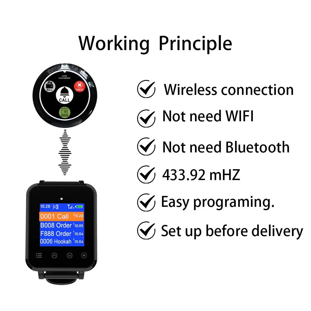 Artom waiter caller buzzer paging calling system Smart wireless wrist watch pager receiver with 9 call buttons