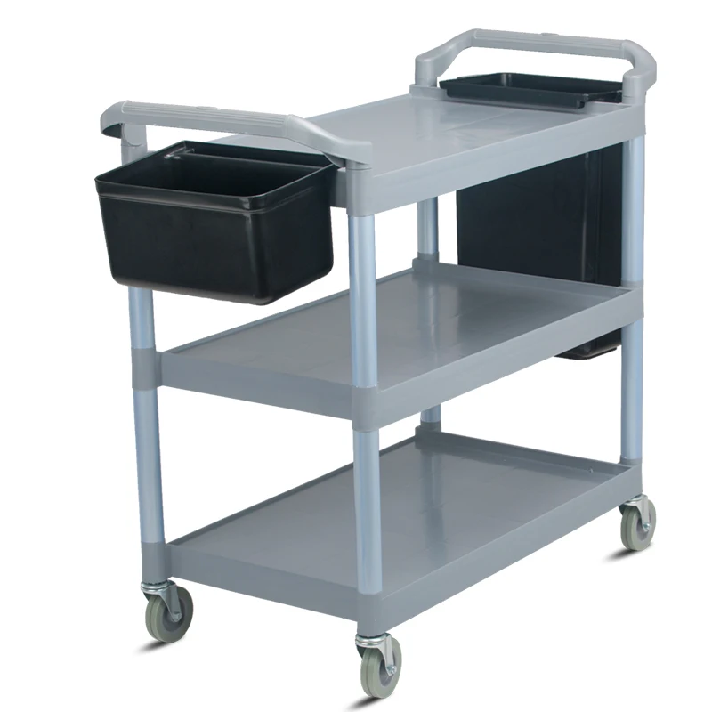 Commercial hotel restaurant large three-layer plastic trolley with hanging bucket food delivery service cart