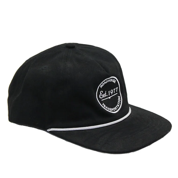 high quality customized unstructured 5 panel camp yupoong hat with strip and custom embroidery and rope logo