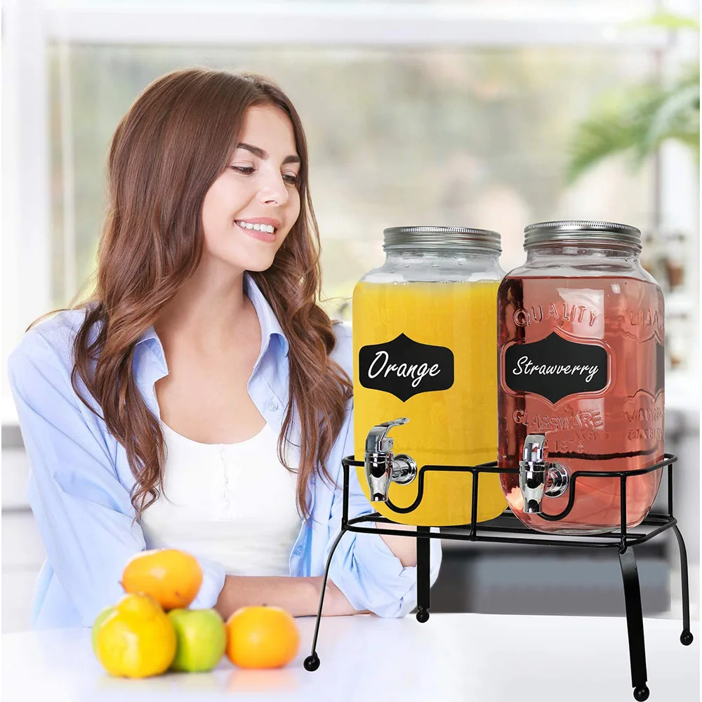 2 Mason Jars Glass Bottle Juice Dispenser Beverage Beer Drink Dispensers With Metal Stand