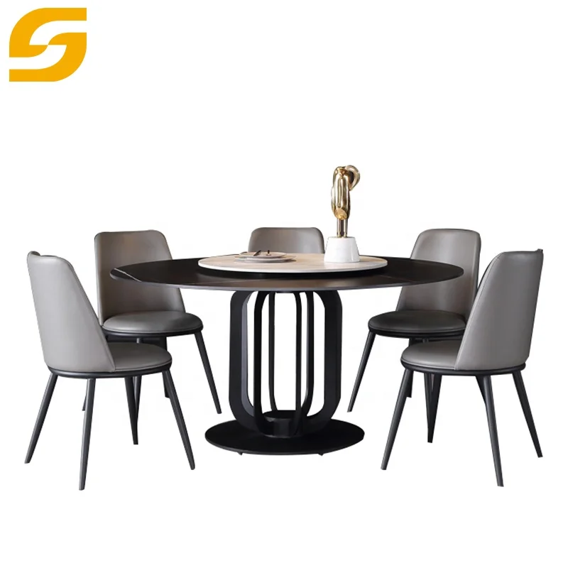 Round Customizable Rotary Dining Table Set Modern Home Marbled White Sintered Stone Slab Countertop Dining Room Table Set For 4