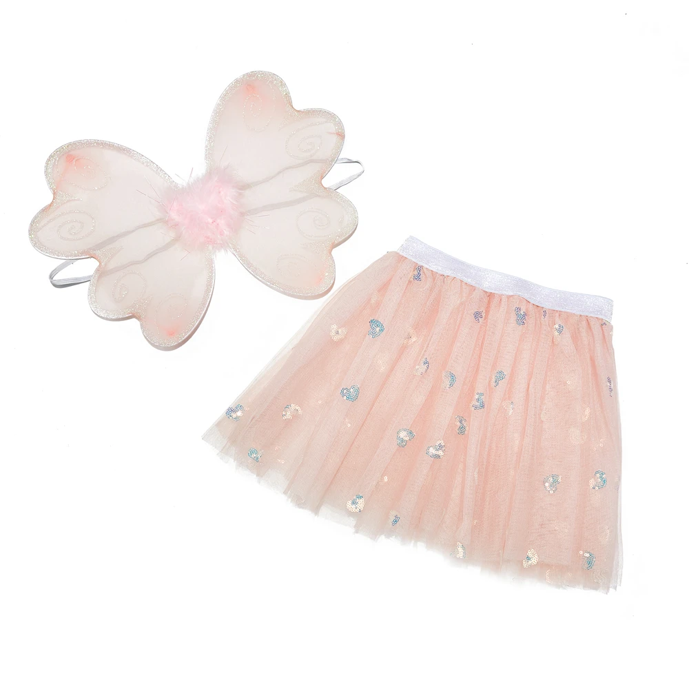Girls Mesh Skirts Princess Pretty Love heart sequin Tutu Embroidery  Lace Dance Clothes with butterfly wings set for girl