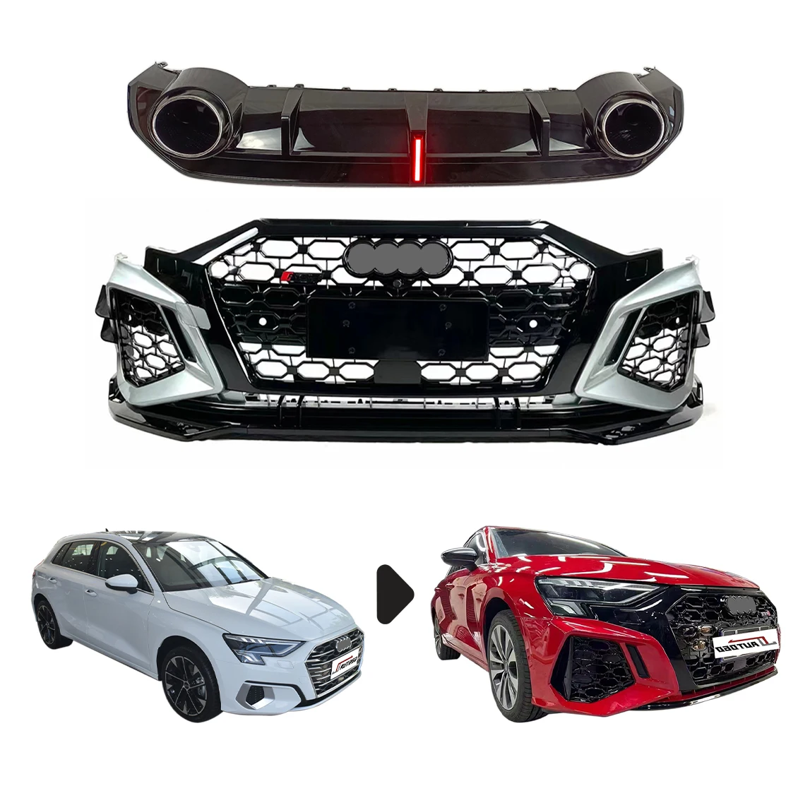 Auto Tuning Part Accessories Body Kit For Audi A3 8Y 2020 2021 2022 Update to RS3 Honeycomb Style Front Bumper+Diffuser assy