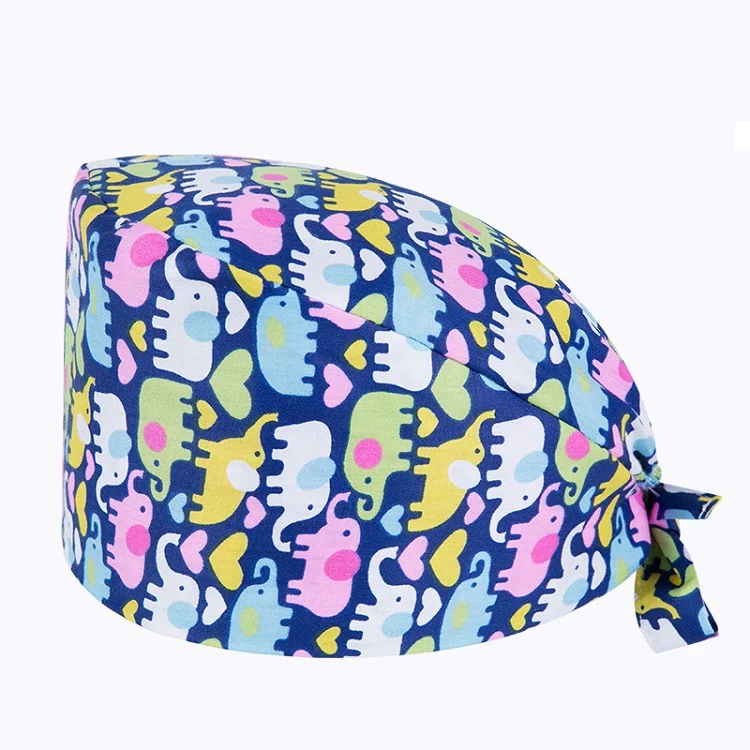 
100% cotton adjustable reusable cartoon dentist nursing customized working scrub cap printed 