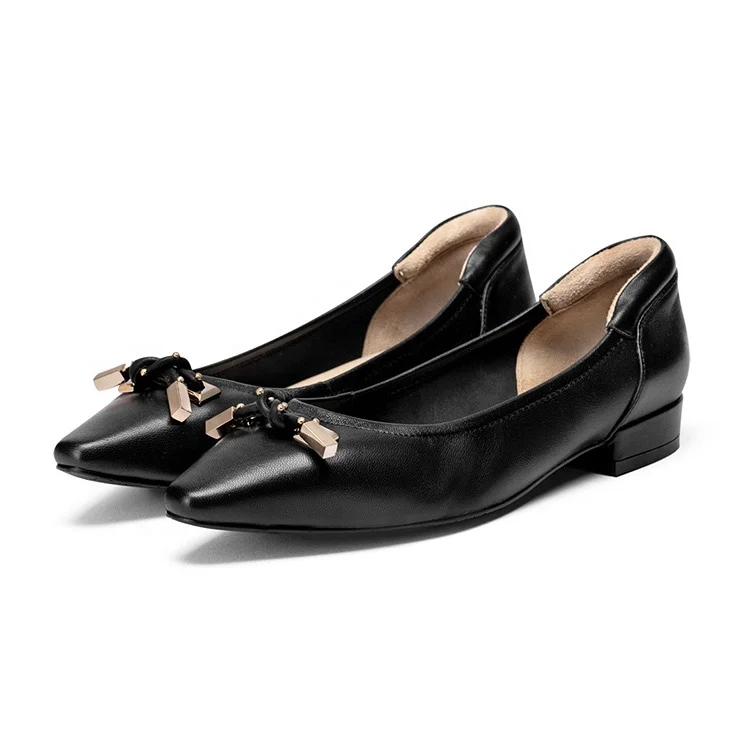 Thai comfortable stylish metal bow pointed leather beautiful low heel women shoes