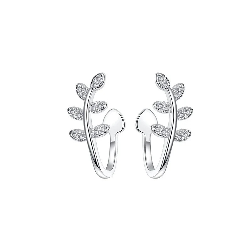RainbowKing Small Fresh Mori System Leaves Ear Clips Silver S925 with Diamonds without Ear Holes Niche Fine Jewelry Earrings