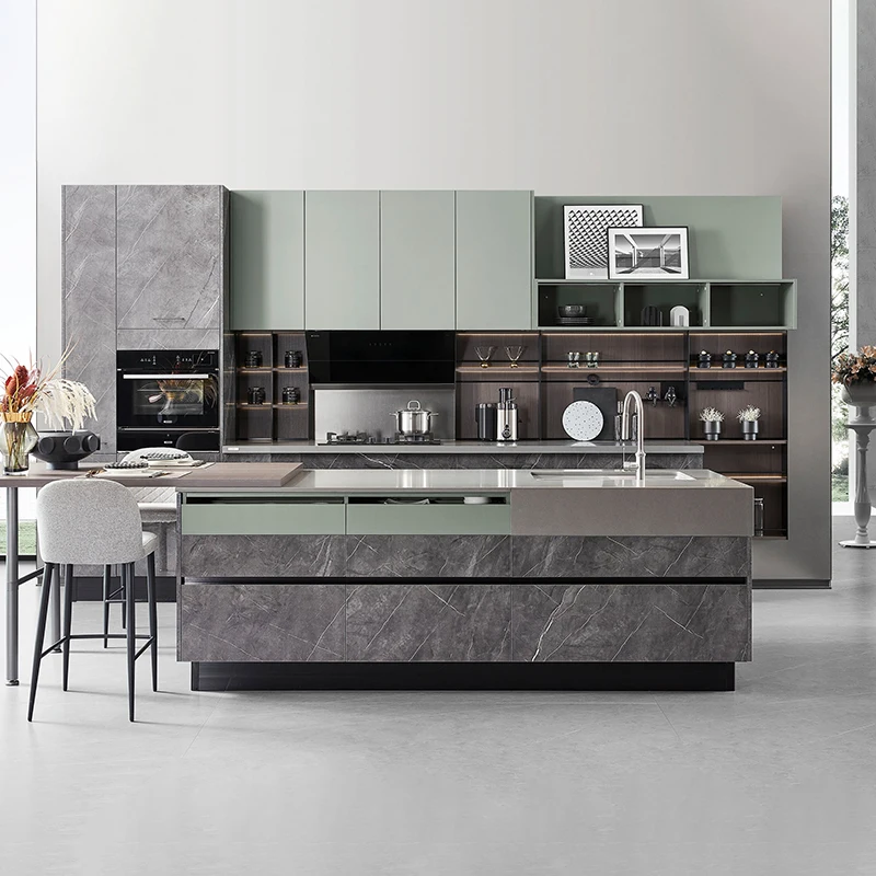 Oppein Modern Design Quartz Countertops Green Lacquer High Glossy Gray Kitchen Island Kitchen Cabinets
