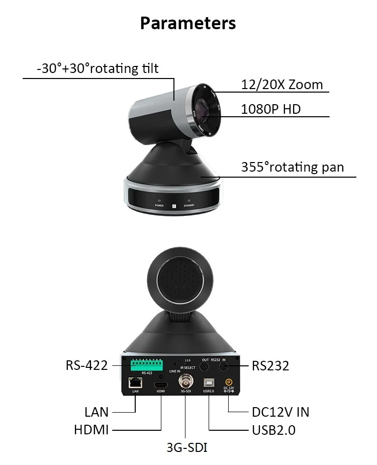 Newest silver and black color broadcasting 1080P 20X Optical Zoom IP PTZ Video Conferencing Camera 3G-SDI