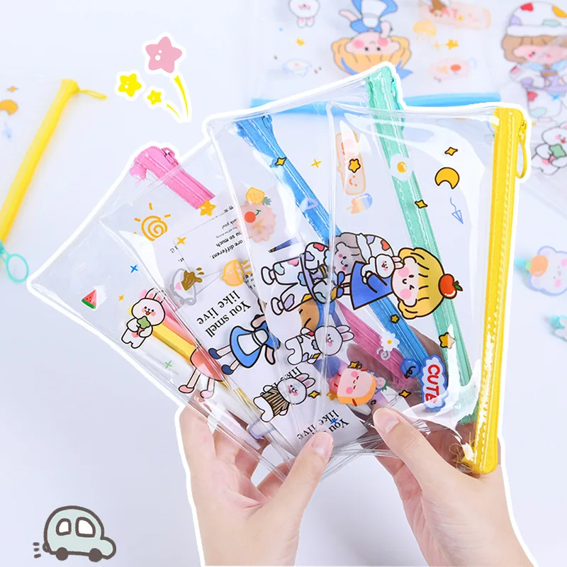 YAHOU customizable Clear lovely PVC stationery bag cute cartoon design Transparent school zipper pencil case for kids