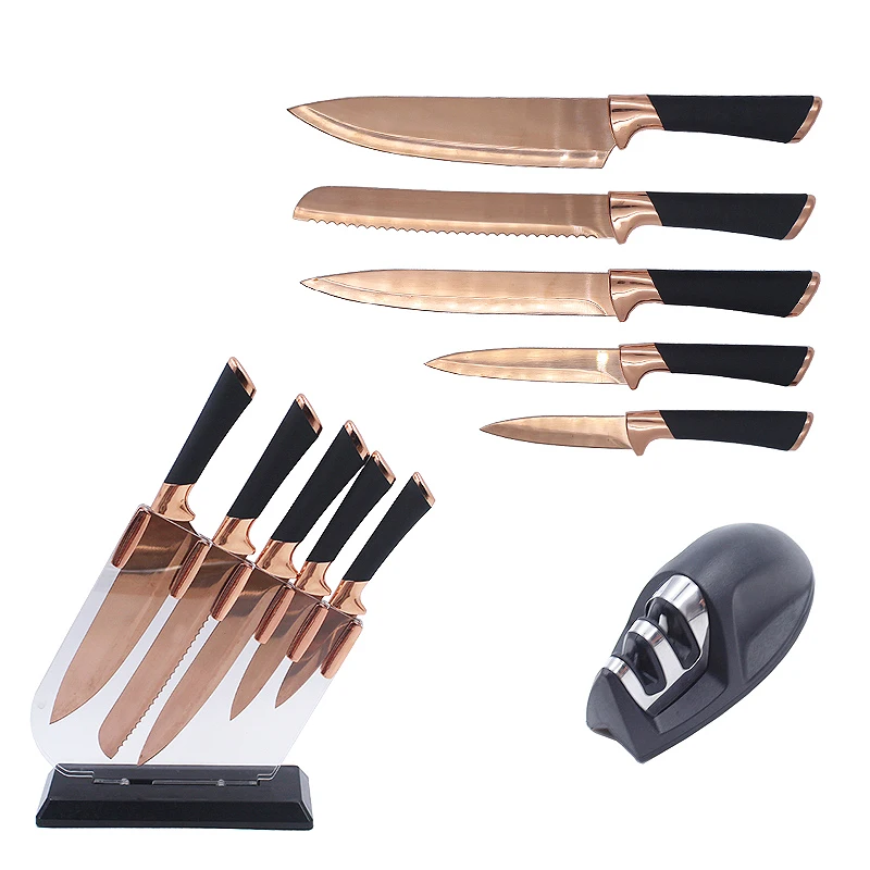 hot sale 6 Pieces Sharp Knife Set Gold Kitchen Knife Set Knives Set with Acrylic Block