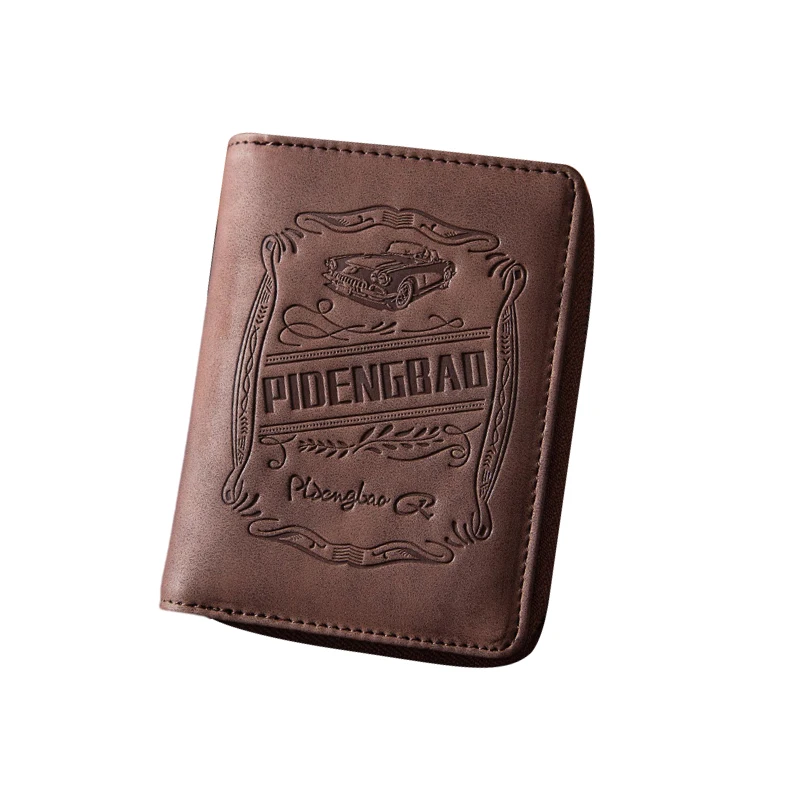 Premium Car Printed Vertical Wallet Embossed Crazy Horse Leather Money Clip Men Purse Separate Card Holder Short Zipper Wallet