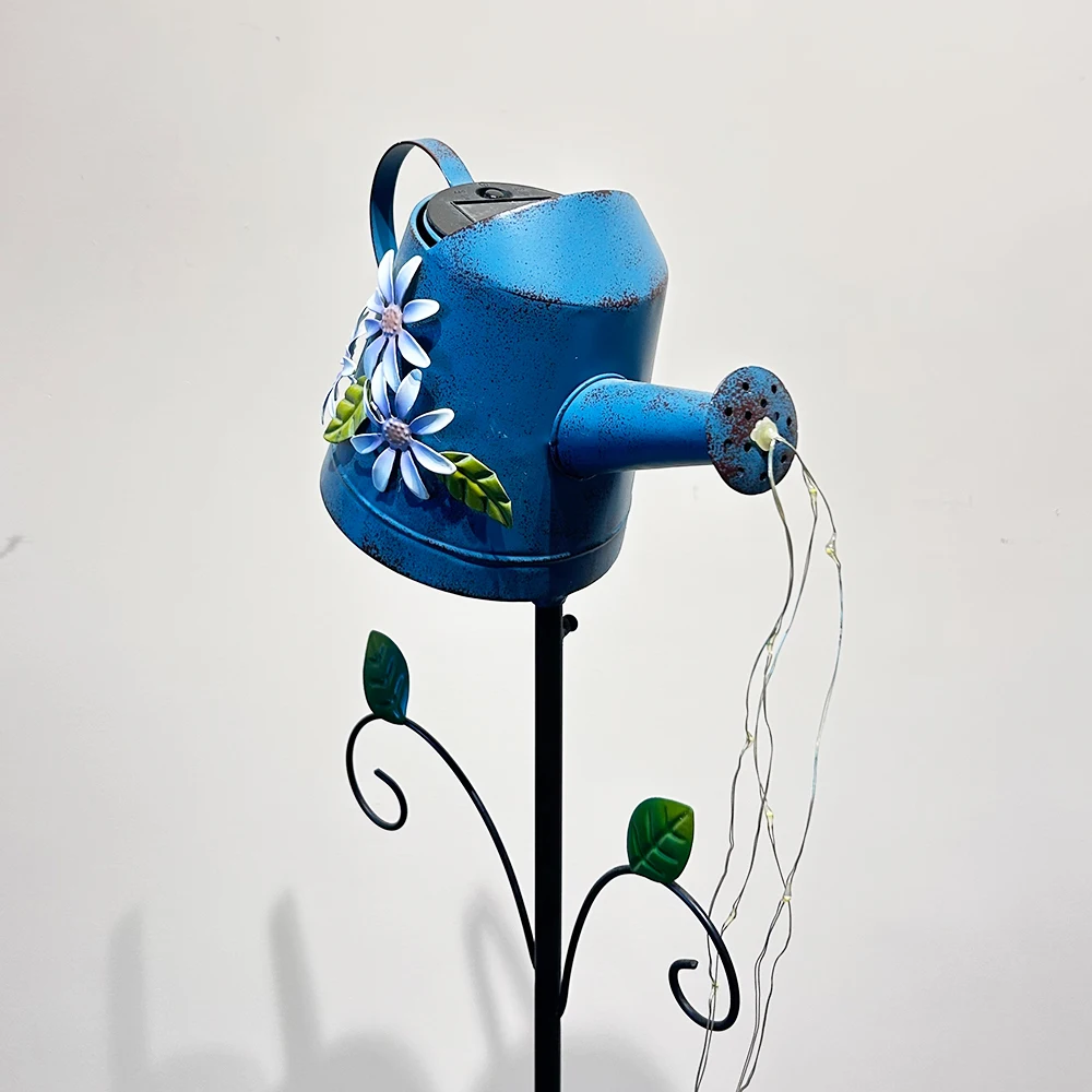 Outdoor Garden Metal Blue Kettle Stake with Micro Chain LED Solar Lights Watering Can Decoration Ornament