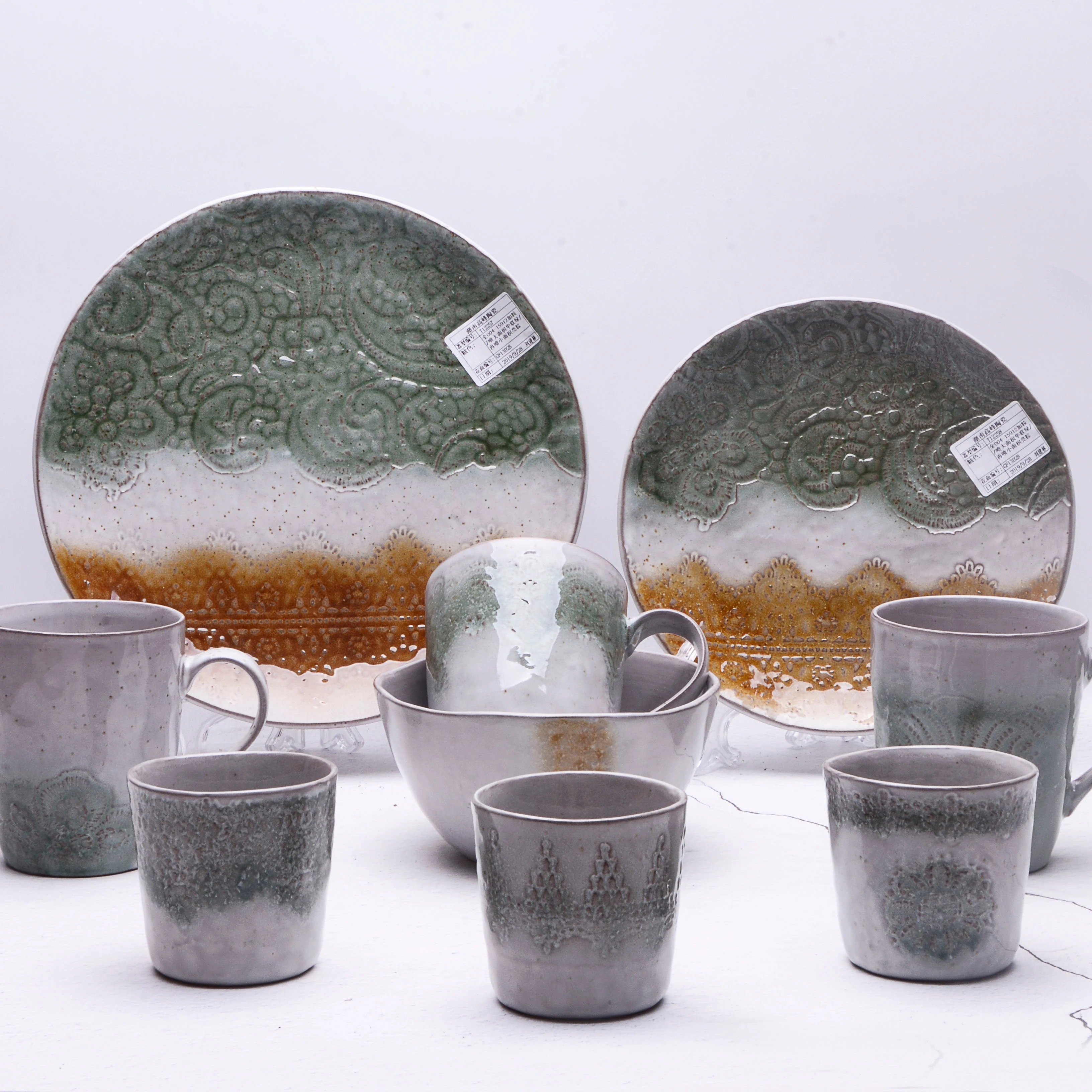 Embossed Ceramic Dinnerware Set, Reactive Glaze Dining Tableware Mug Bowl Plate