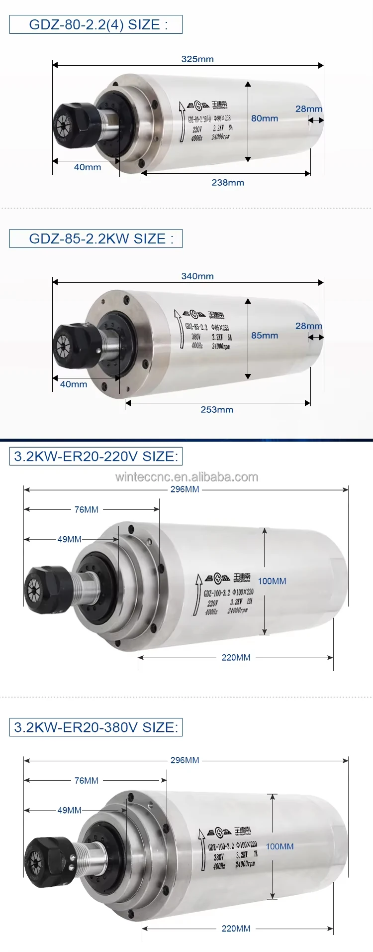 ER11 round spindle motors cnc small bldc motor 500w 57mm spindle motor air cooled