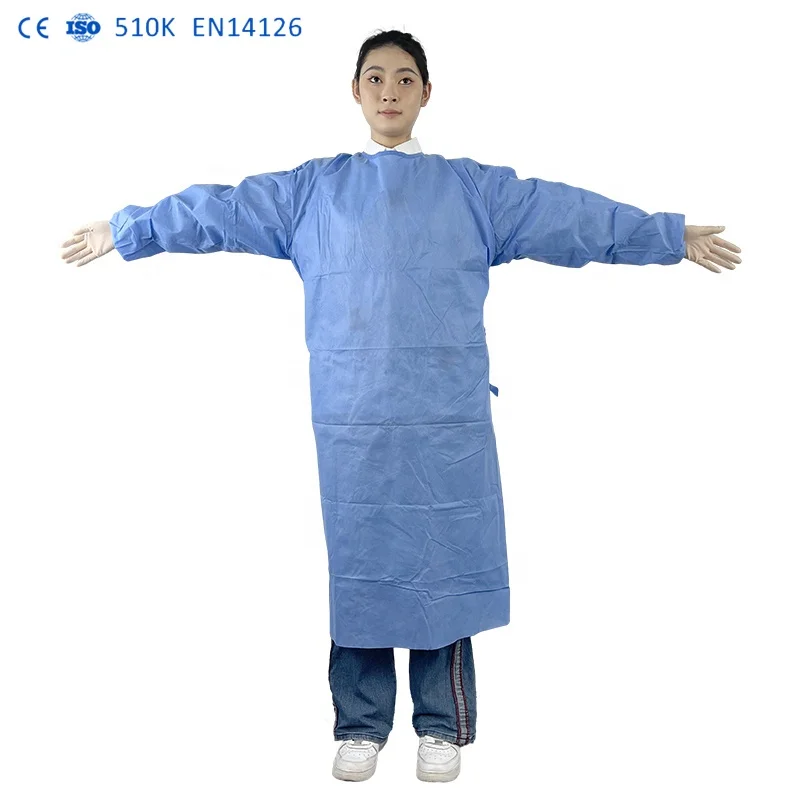 Factory price 510K Disposable blue gown 45g polyester fabric for cuff hospital AAMI LEVEL 2