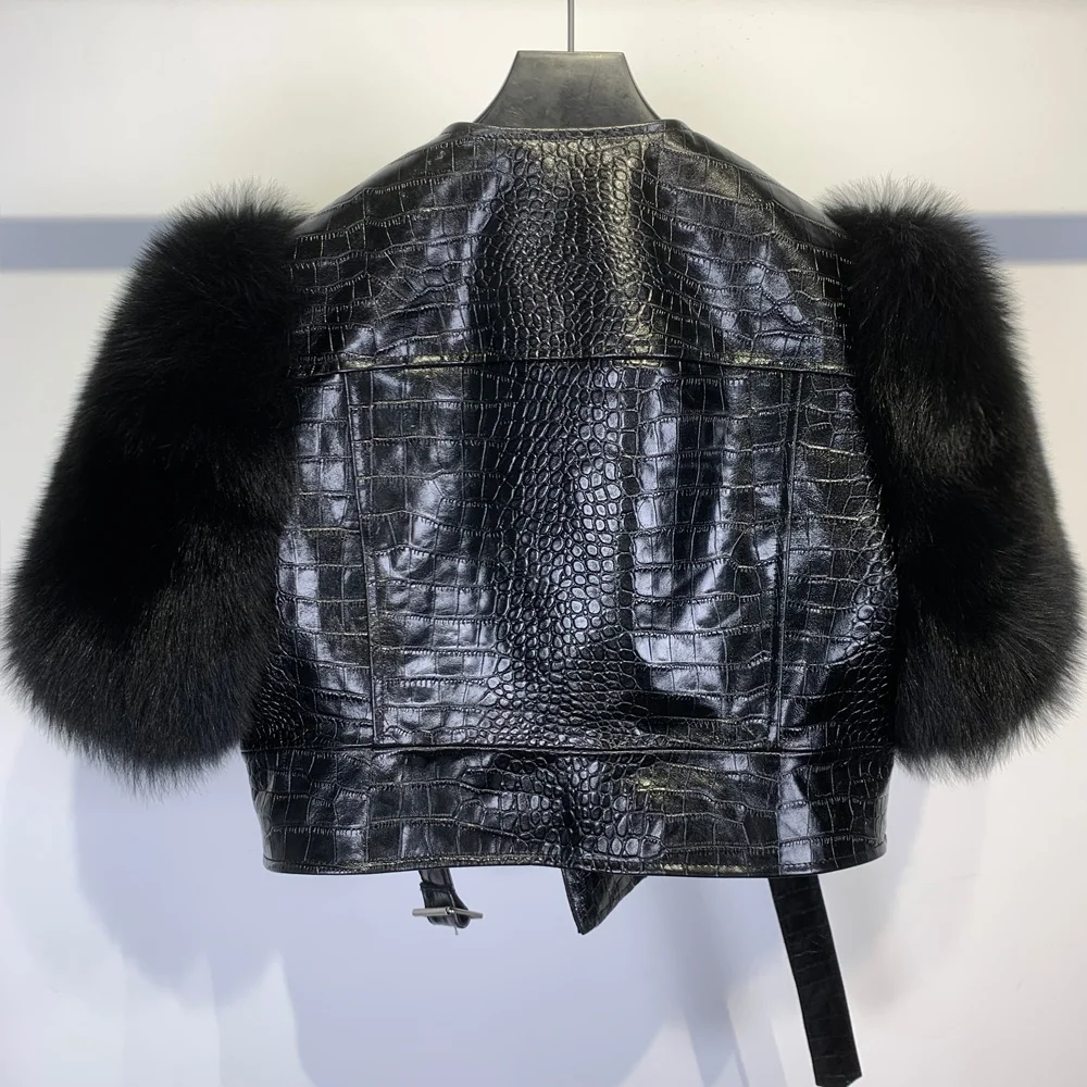 Crocodile texture fox fur jackets motorbike jacket women fur cropped sleeve leather clothing