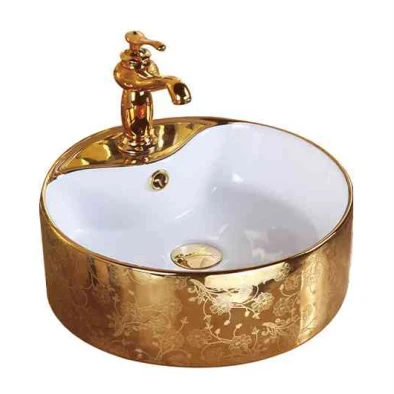 Luxurious Gold Bath Round Circular Arthritis Ceramic Basin Sinks Washing Basin Bowl Bathroom Vessel Sinks