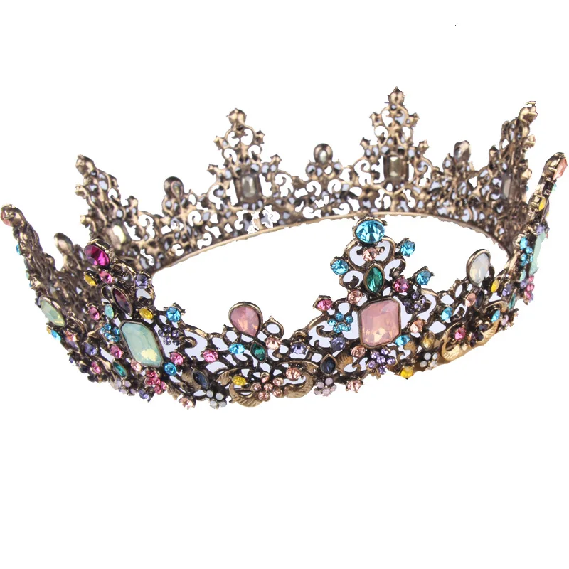 Big alloy crown retro gold inlaid colorful diamond princess crown hair accessories hot sale headwear