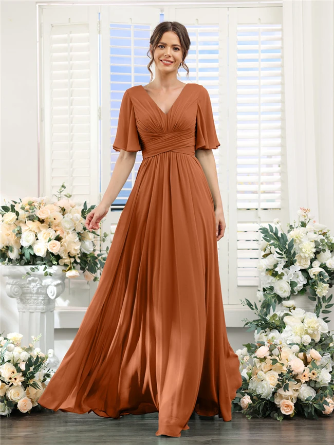 2024 Summer Elegant Ladies Short Sleeve Ruffle Chiffon Bridesmaid Maxi Dresses for Women