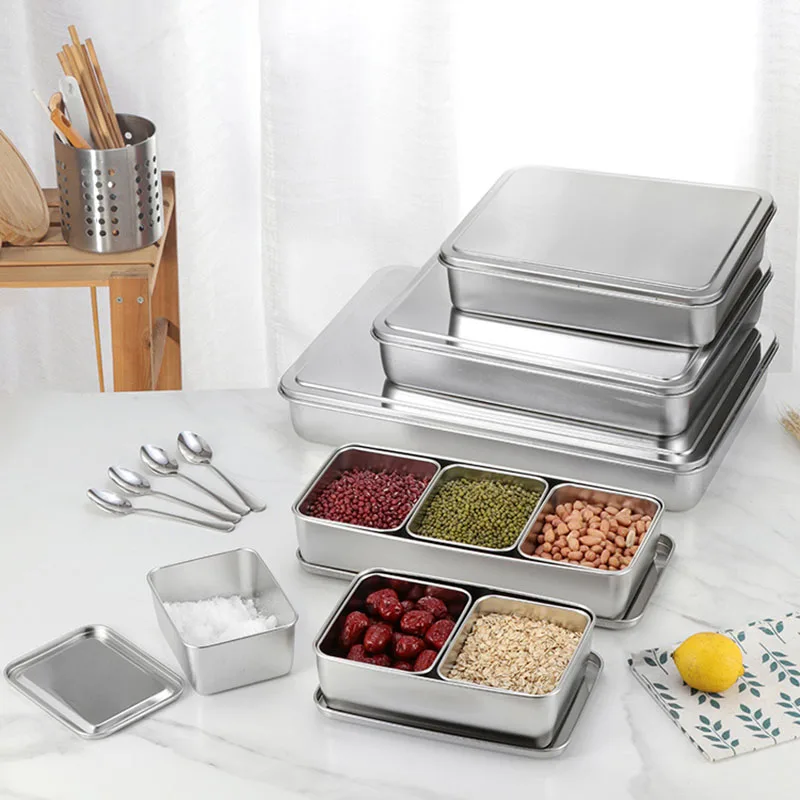 Kitchen 201/304 Stainless Steel Organizer Storage Seasoning Boxes Set Japanese-style Food Display Box with Lid