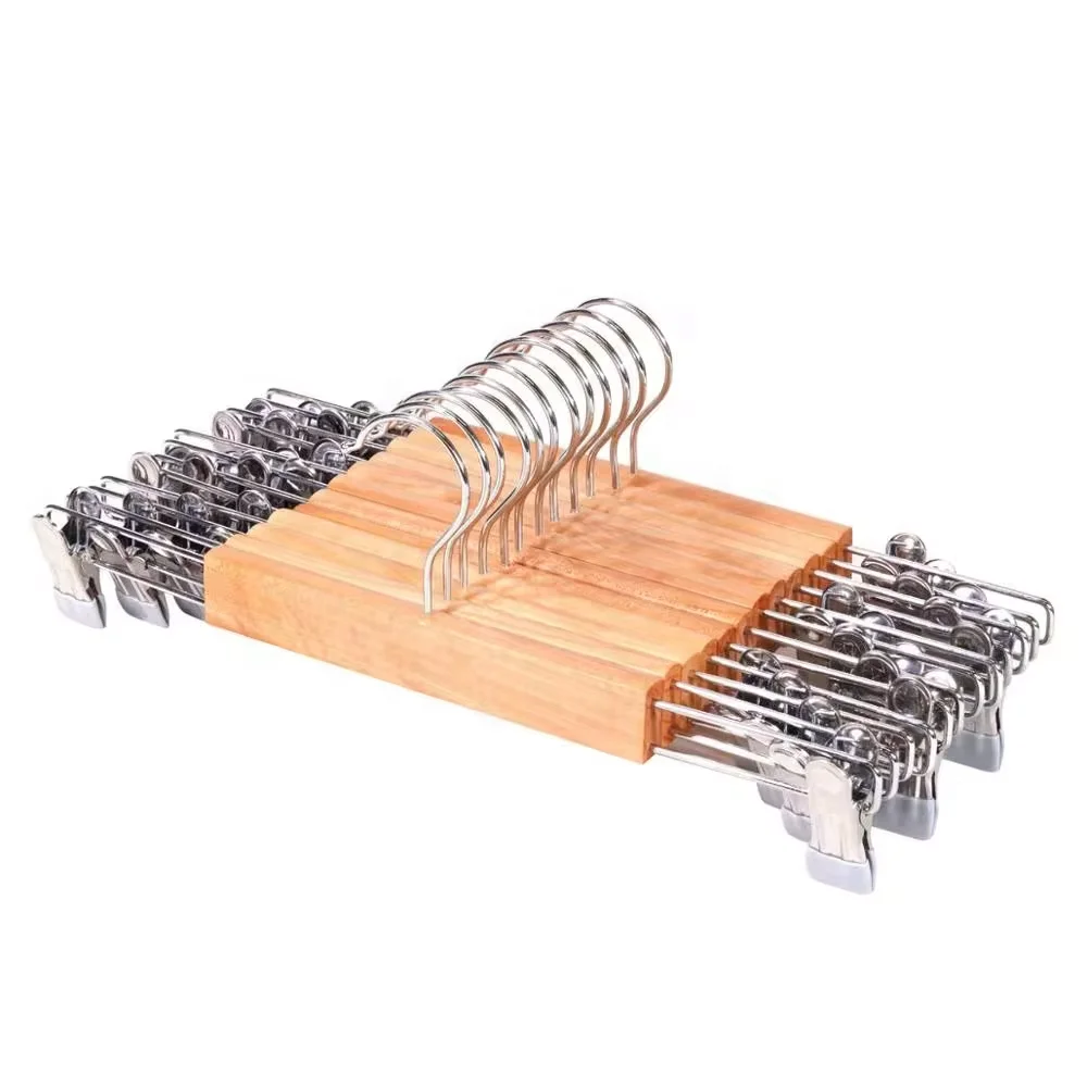 Nature Wooden Pant Hanger Wooden Suit Hangers With Steel Clips And Hooks Standard Clothes Hanger