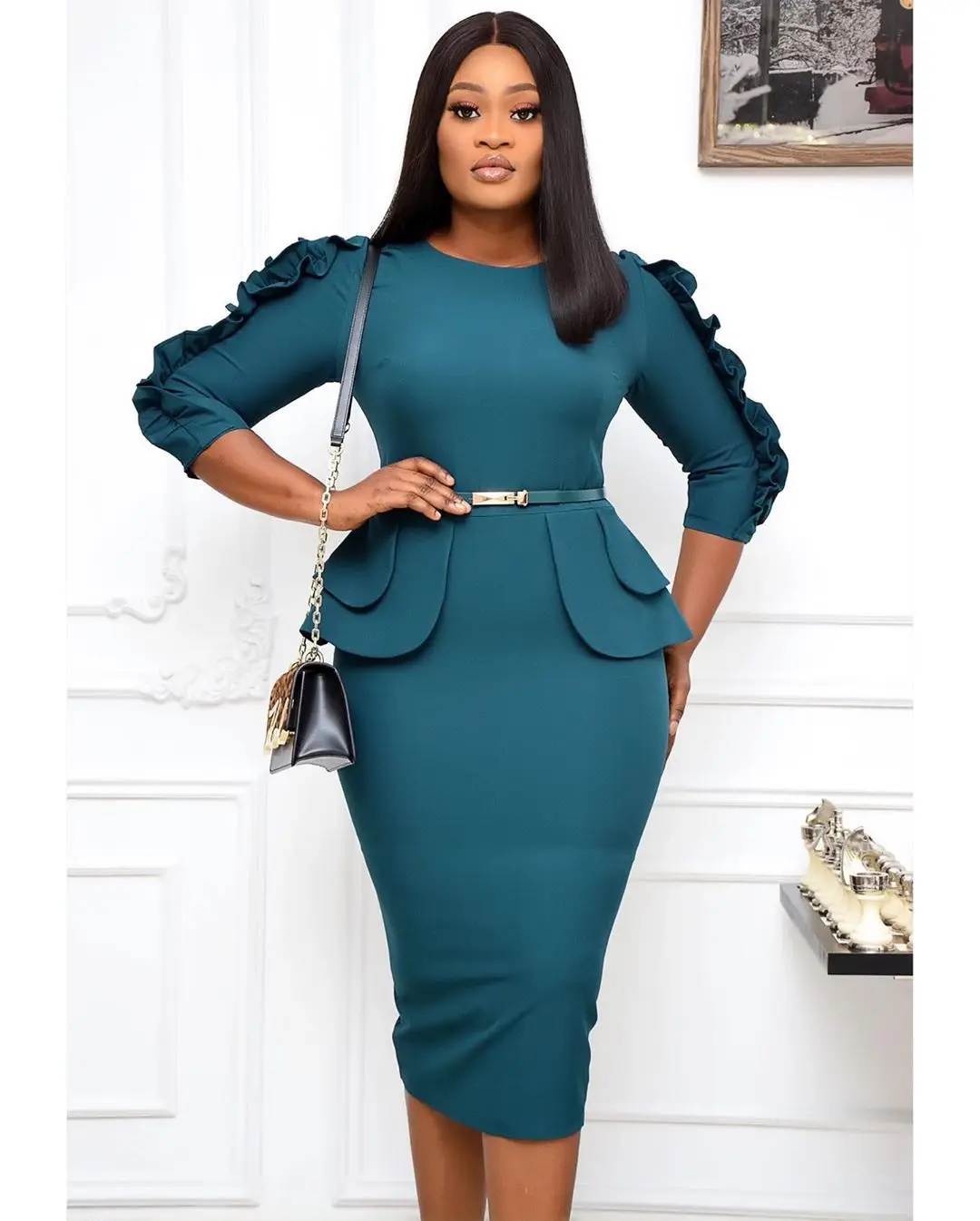 Vestidos Y Faldas Largas De Mujer Gorditas Office Bandage Dress Bodycon Formal Long Sleeve Midi Dress