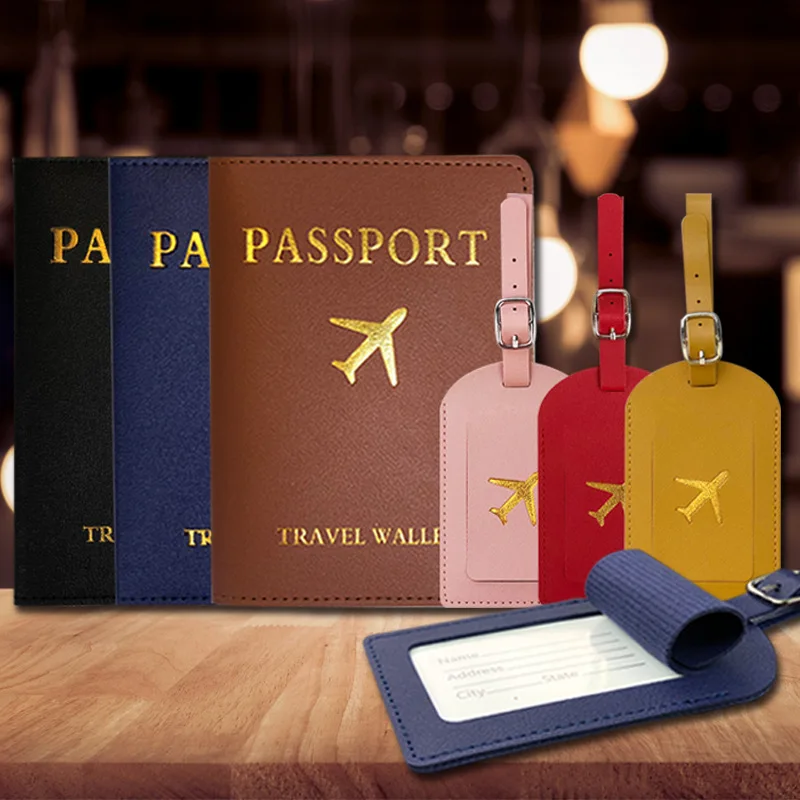 Custom Logo Design Wholesale PU Leather Passport Holder and Luggage Tag Set