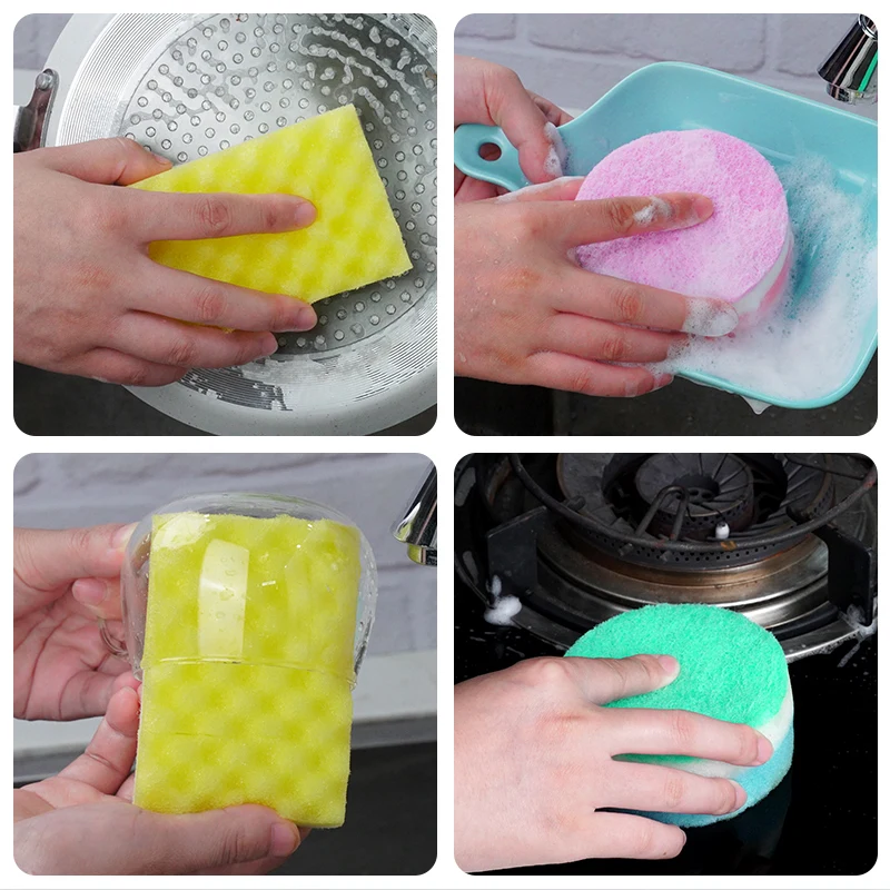 Colorful three layer sponge scouring pads high density tableware dishwashing cleaning wash dishes pots sponge washing brush