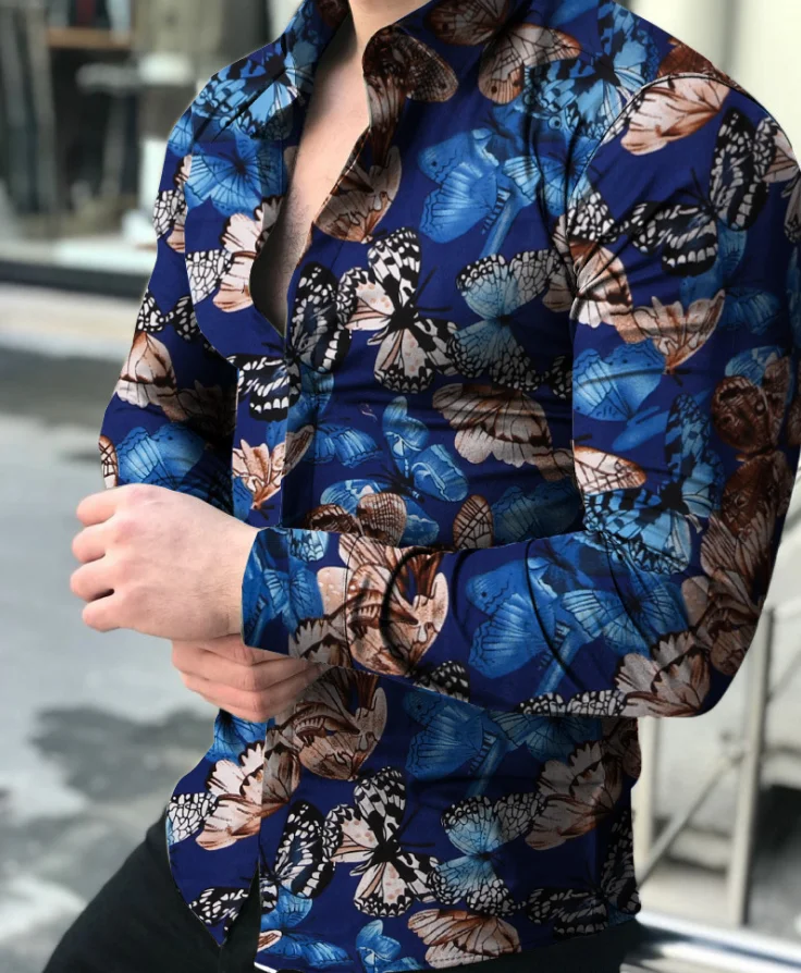 2021 wholesale slim fit man tops butterfly print shirts long sleeve men shirt