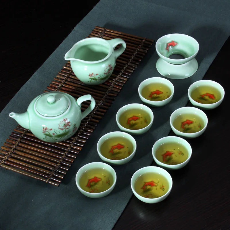 Chinese Tea Cups Porcelain Celadon Fish Teacup Set Loose Leaf Teapot Drinkware Oolong Tea Ceramic China Kung Fu Tea Sets D042
