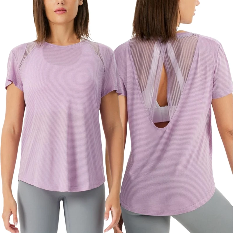 Aoyema Sports Short-Sleeved Women Loose Fitness Clothes Large Size Quick-Drying T-Shirt Yoga Tops Mesh Breathable Blouse