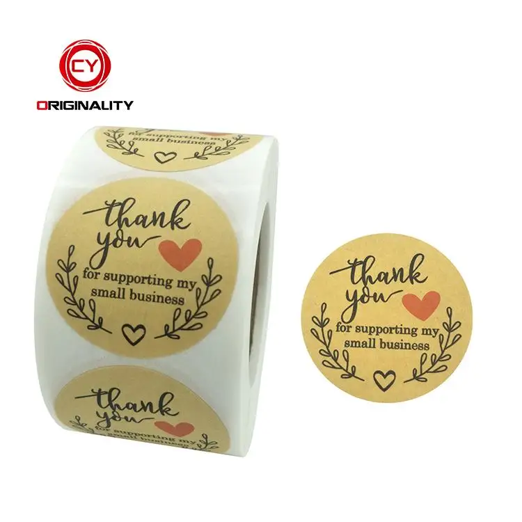 Custom logo printing glossy self adhesive round roll shipping packaging kraft paper labels thank you stickers