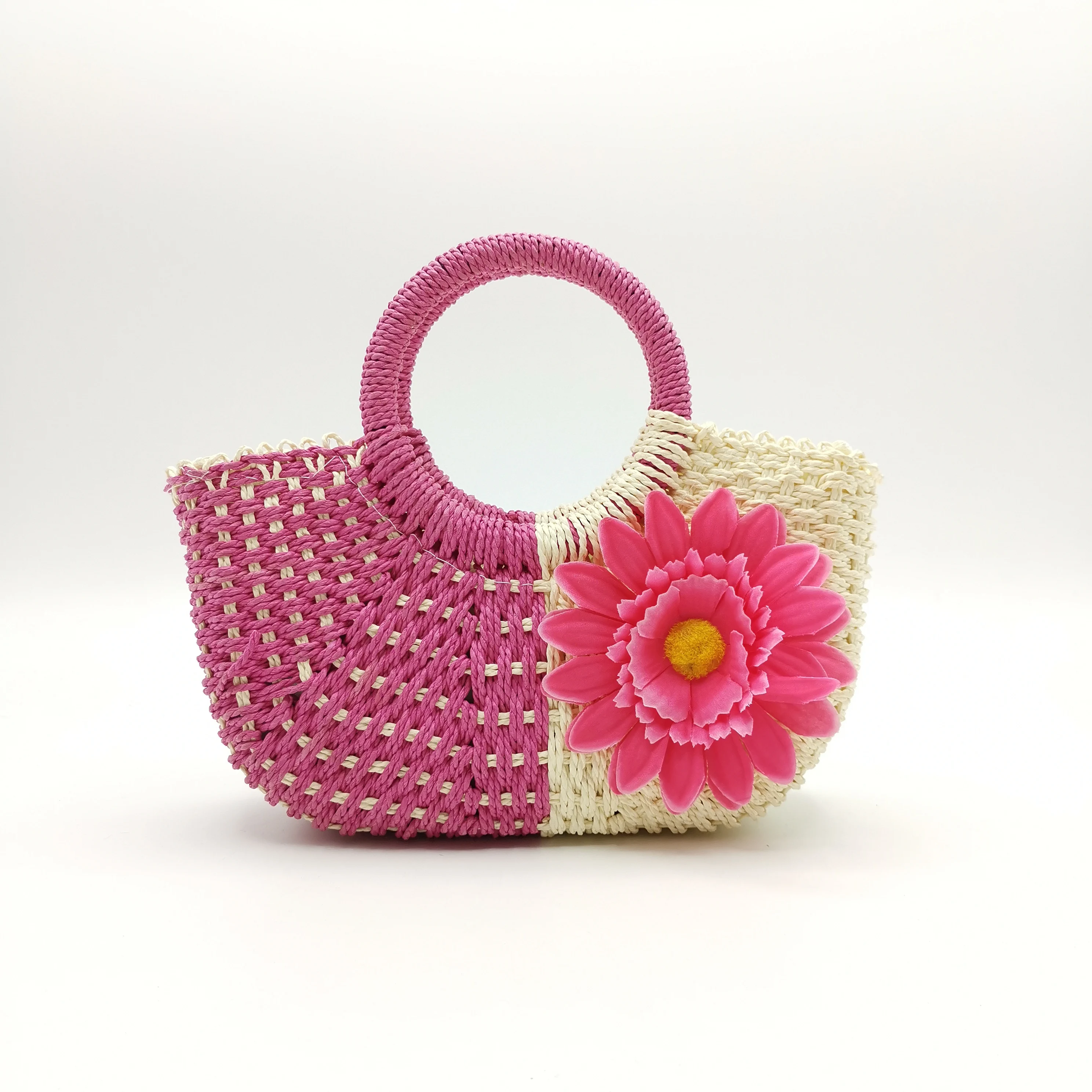 Mini Straw Tote Bag Summer Beach Bag Handmade Straw Woven Handbag with Flower for Kids