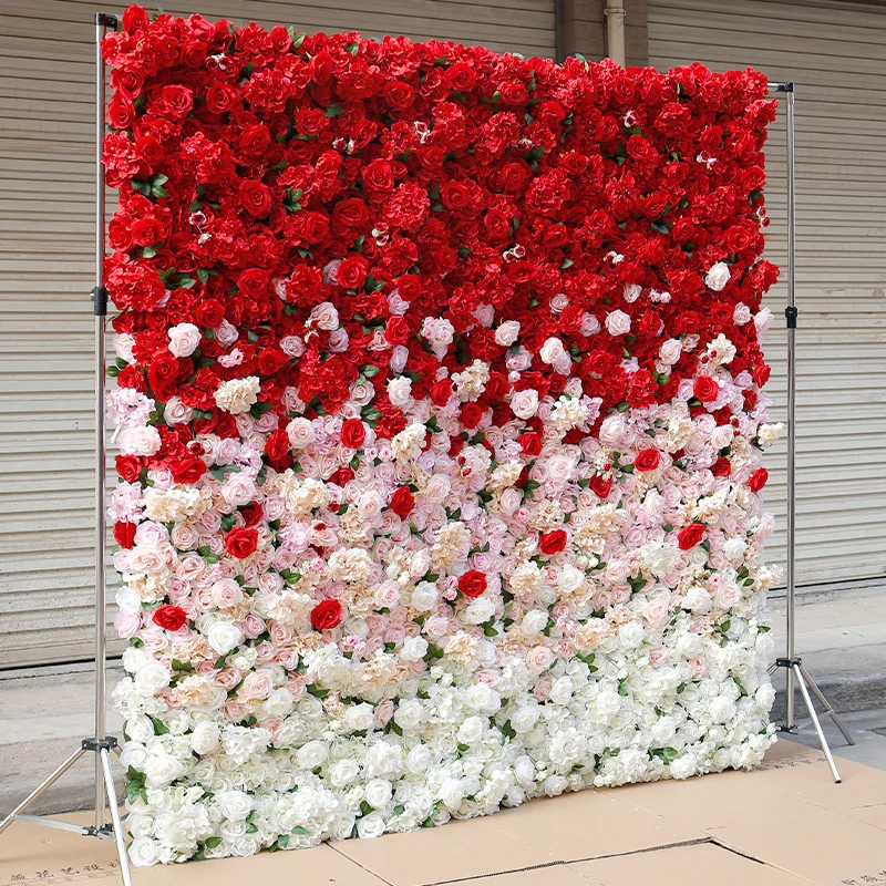 L01 Wholesale 3D Roll Up Ombre Fake Flower Wall Backdrop Mat Artificial Silk Rose Peony Floral Wall Panel For Wedding Home Decor