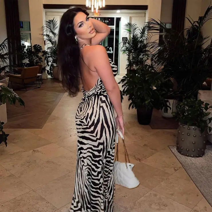 2023  New Fashion Dresses Zebra Print Sexy Halter Dress High Slit Casual Dresses