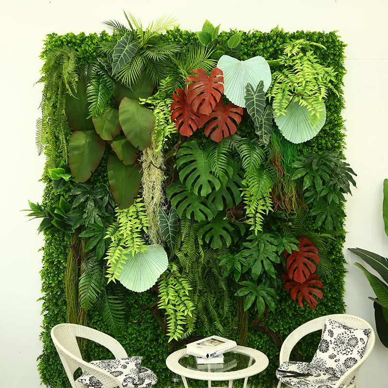 Customized Wedding Backdrop Pink Rose Orange Leaves Wall Hanging Plastic Ferns Artificial Vertical Garden Wall Plant