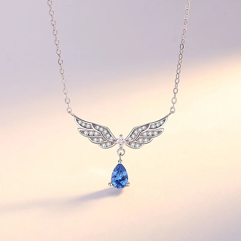 Fashion Jewelry 925 Sterling Silver Zircon Cz Water Drop Shaped Angel Wing Pendant Necklace for Women