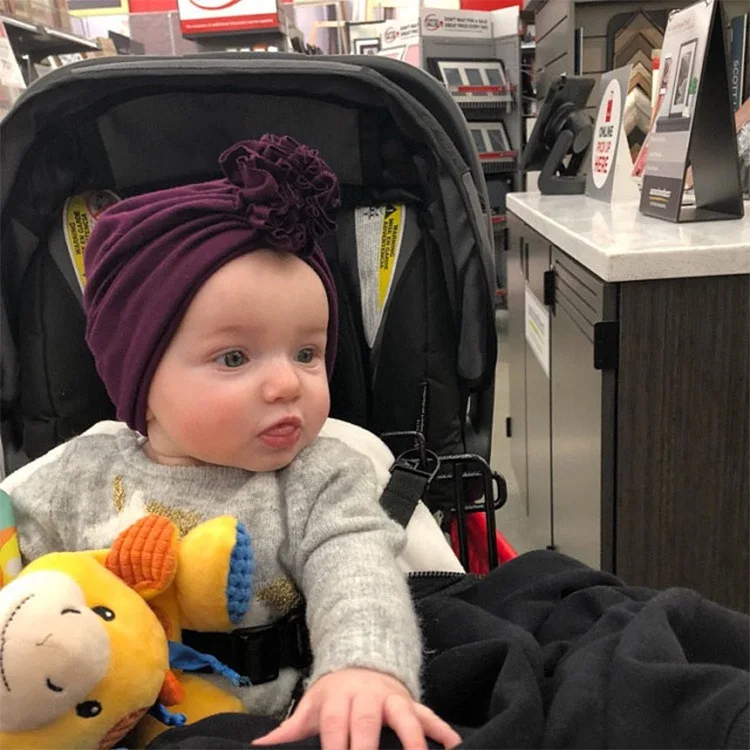 Hot selling olid Nursery Hospital baby turban hat knot hair band big flower baby headband elastic Headwraps for Baby