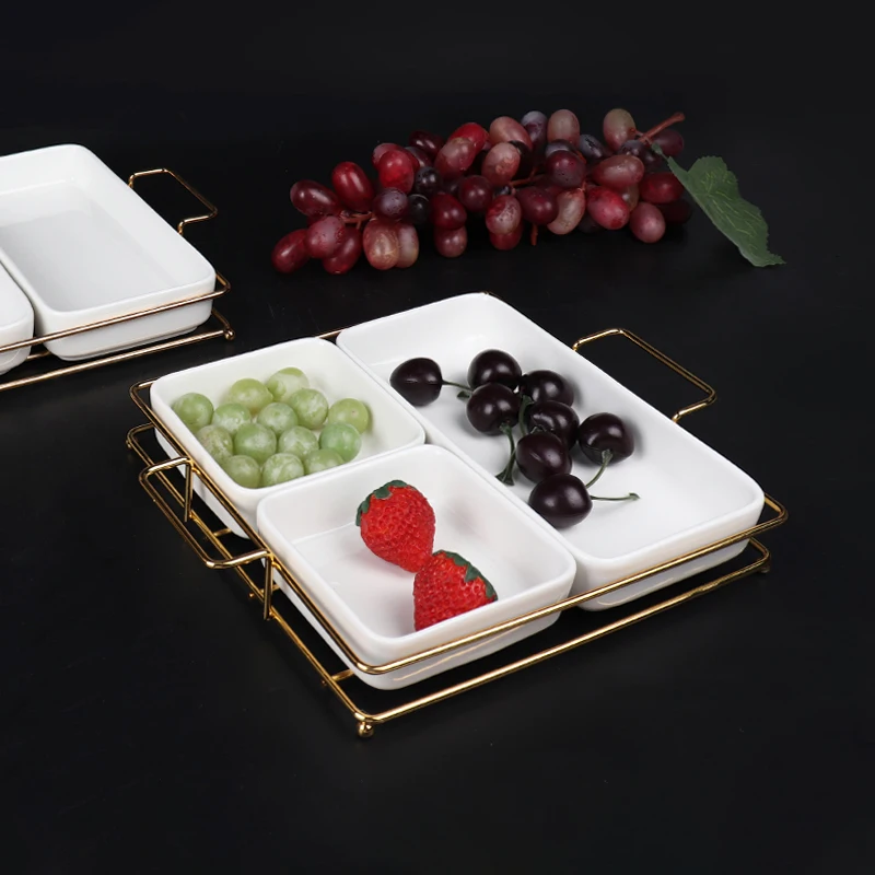 Customized Ceramic Fruit Snack Dishes Golden Metal Stand Home Catering Serving Dishes