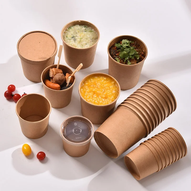Manufacturer custom logo OEM disposable brown packaging with lid for noodle rice hot food salad soup black kraft paper bowl