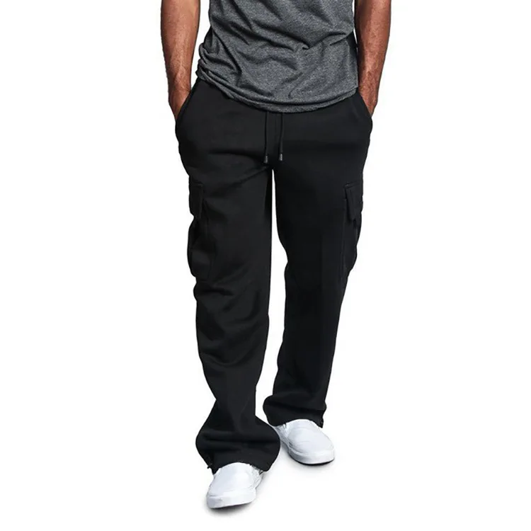 Custom Logo Designer Solid Fleece Heavyweight Trousers Man Cotton Polyester Multi-Pocket Loose Cargo Sweat Pants Men