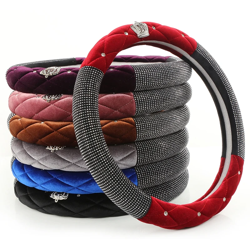 Good Quality Fashion flocking with bling rhinestone Steering Wheel Braid Car Covers with crown