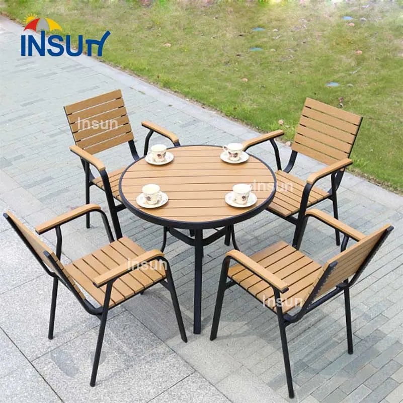 Garden sets outdoor dining set rattan cafe chair wooden dining table set with metal foot
