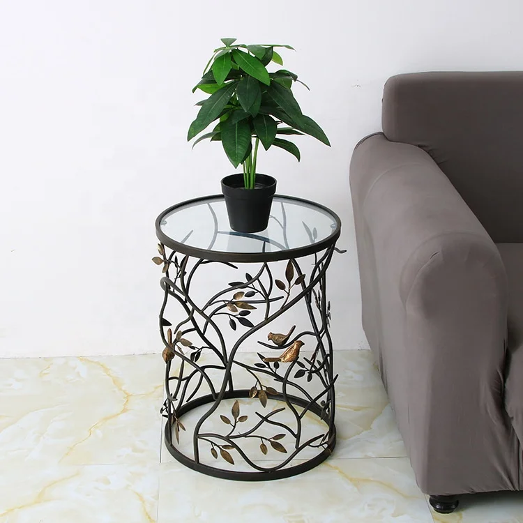 Glass Top Hollow Table Round Small Metal Frame Geometric Eyelet Pattern Luxe Modern Stylish Nightstand Bedroom